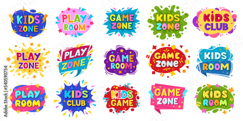 Cartoon kids play room badges, play zone labels. Entertainment children playroom, game zone party stickers flat vector symbols set. Colorful child playing zone badges collection