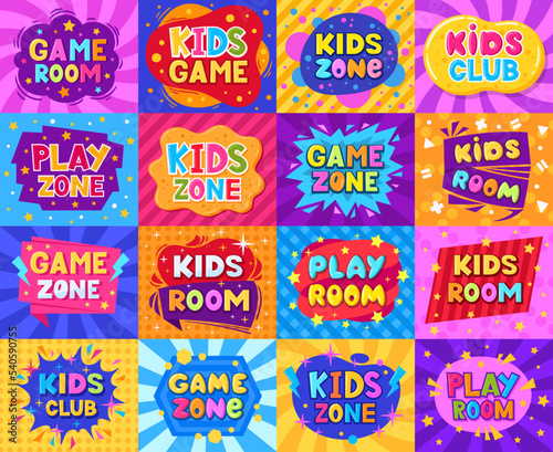 Kids zone cartoon labels, colorful play zone elements. Children playroom entertainment badges flat vector symbols set. Baby playground zone stickers collection