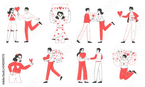 People sharing love, men and women carrying and giving hearts. Characters giving, donating love and care, love massages flat vector illustration set. Valentines day or philanthropy scenes collection