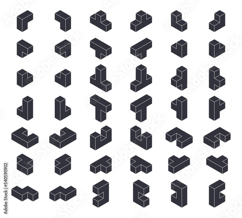 Puzzle game blocks, isometric geometric shapes. Mosaic constructor 3d blocks, logic kids game cubes vector illustration set. Mosaic blocks collection