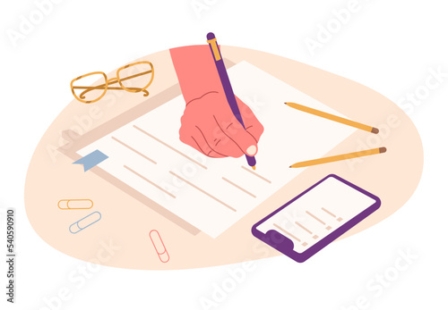 Writing human hand filling planner, taking notes or signing documents. Flat hand holding pen isolated flat symbols illustrations. Paperwork concept