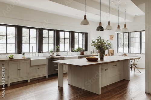 Valokuva bright, spacious and modern farmhouse style kitchen