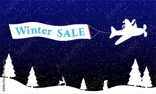 Santa in airplane flying with aero advertisement Winter SALE. Landscape with fir trees, reindeer, snowman, snowflakes. Merry Christmas, xmas, New Year, holidays discount card. Vector illustration