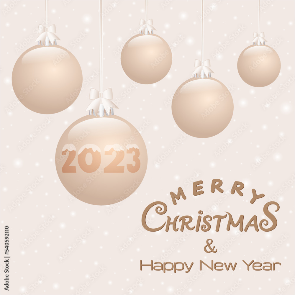 Naklejka premium Set of Christmas tree balls hang on ribbons with a bows on pastel background with snowflakes. Merry Christmas card for the year 2023. Vector illustration for New Year, Xmas and winter holidays