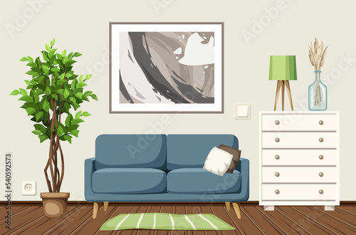 Living room interior design with a blue sofa, a ficus tree, and a big abstract painting. Cartoon vector illustration