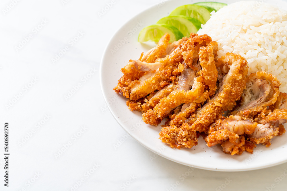Hainanese chicken rice with fried chicken Hainanese chicken rice with fried chicken