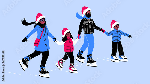 happy black family ice skating during winter wearing Santa hats and outdoor winter clothes. family Christmas activity winter wonderland. winter sports together