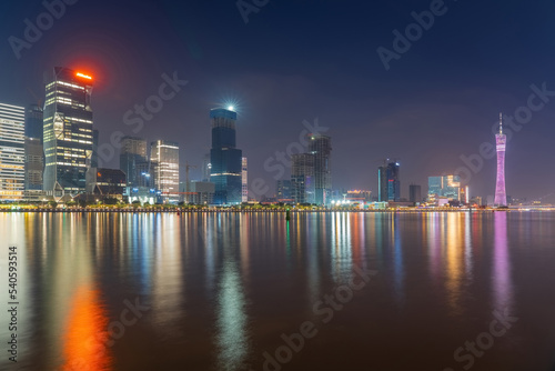 The skyline of urban architecture and the night view of the ancient canal in Guangzhou  China