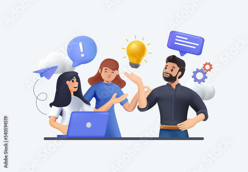 3D Vector render illustration, cartoon style, businessmen discuss social network, news, vector, social networks, chat, dialogue speech bubbles, new projects. Teamwork, cooperation. Smiling diverse col photo