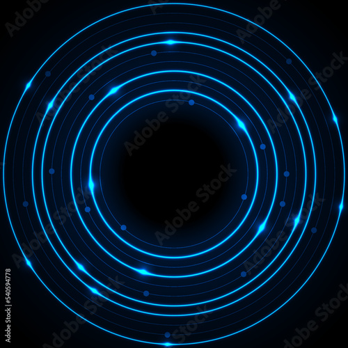 Abstract neon blue circles with circuit board lines technology background. Vector design