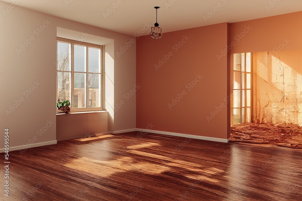 Fototapeta premium empty room with hardwood floor and old wall 3D rendering
