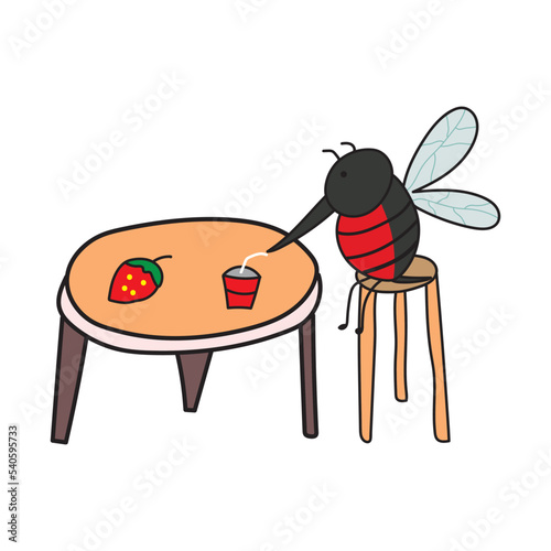 Illustration vector graphic Kids drawing style funny cute mosquito drinking strawberry juice in a cartoon style.