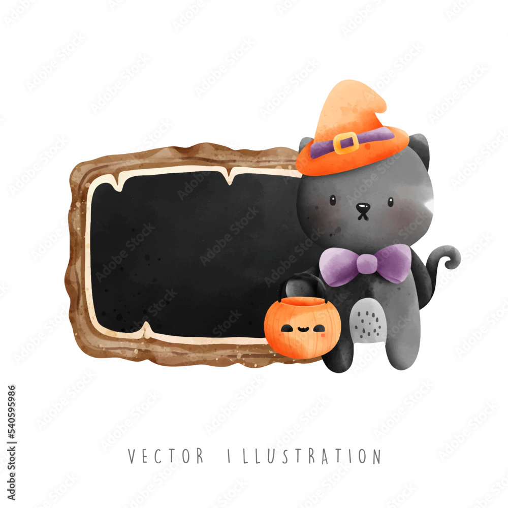 Fototapeta premium happy halloween animal with wooden frame, vector illustration