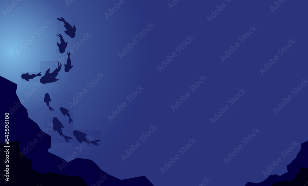Deep ocean background with blue salt water and fish silhouette Deep ocean background with blue salt water and fish silhouette