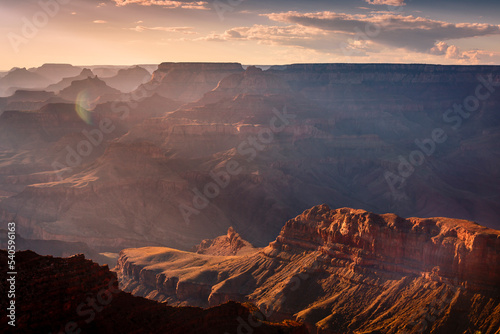 Grand Canyon south rim silhouette at golden sunset, Arizona, USA