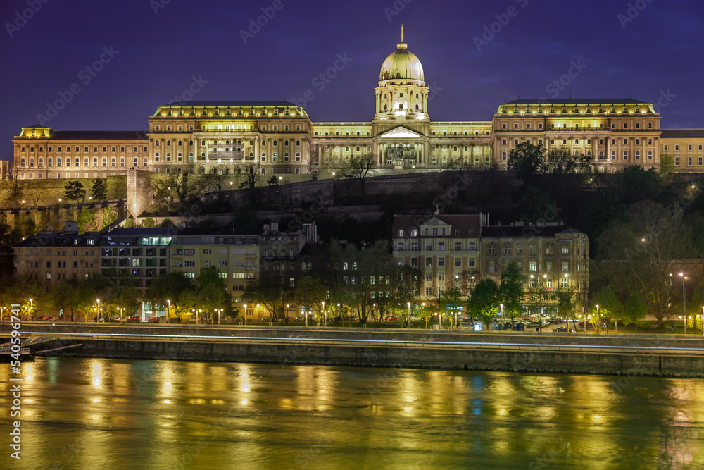 Danube River view of the Buda Castle at dramatic evening, Budapest, Hungary