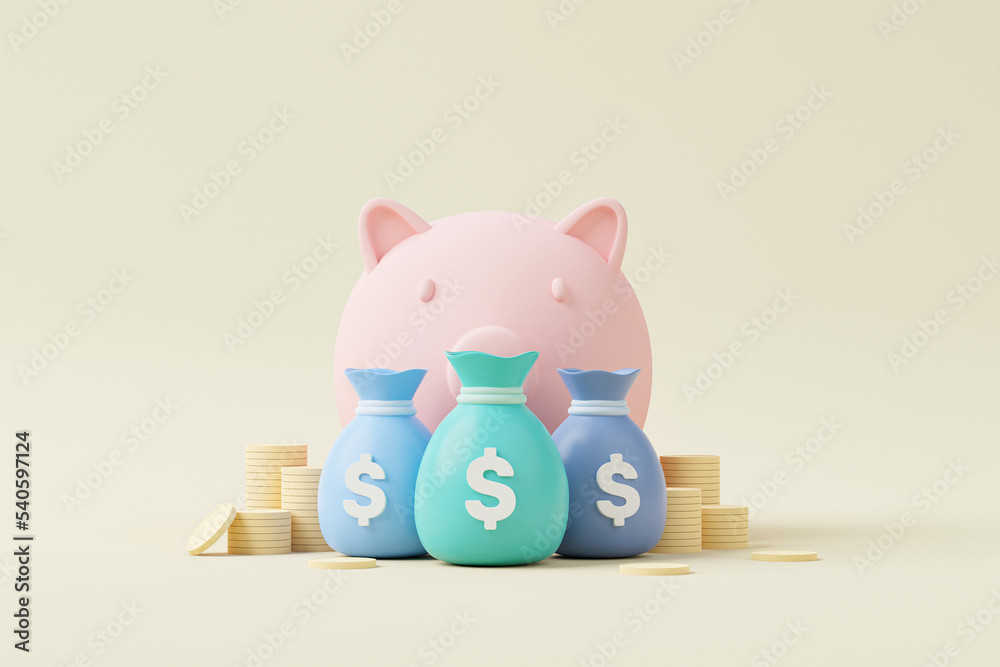 Money bag with icon dollar currency and gold coin stack and piggy bank ...