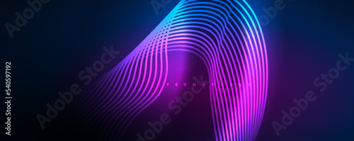 Shiny neon waves, dynamic electric motion, energy or speed concept. Vector illustration for wallpaper, banner, background, leaflet, catalog, cover, flyer