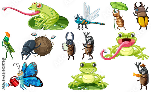 Set of various insects and amphibians cartoon