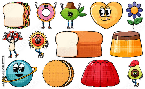 Set of objects and foods cartoon characters