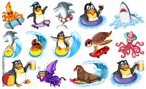 Set of various sea animals cartoon characters
