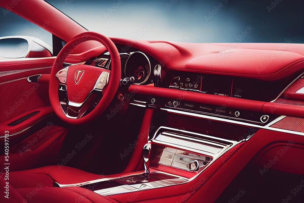 Fototapeta premium Red luxury modern car Interior. Steering wheel, shift lever and dashboard. Detail of modern car interior. Automatic gear stick. Part of leather seats with stitching in expensive car