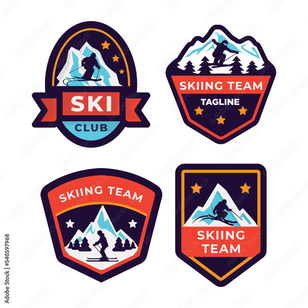 Set of ski patrol, ski resort, ice mountain badges and logo patches. Winter holidays extreme sports logo.