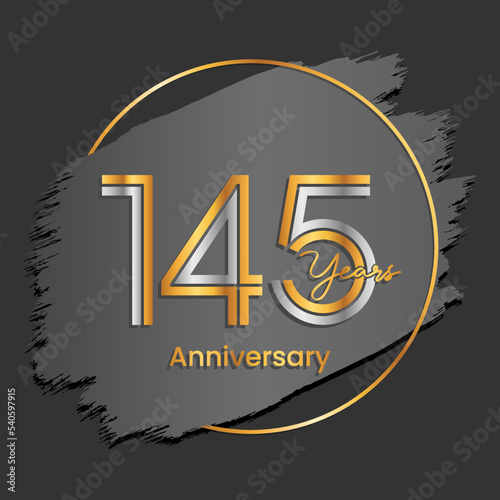 145th Anniversary. Anniversary logo design with gold and silver text isolated on abstract background for celebration event, invitation card, greeting card, flyer, banner, poster, vector illustration photo