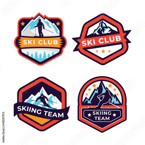 Set of ski patrol, ski resort, ice mountain badges and logo patches. Winter holidays extreme sports logo.