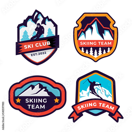 Set of ski patrol, ski resort, ice mountain badges and logo patches. Winter holidays extreme sports logo.