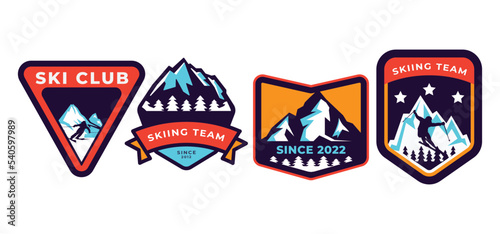 Set of ski patrol, ski resort, ice mountain badges and logo patches. Winter holidays extreme sports logo.