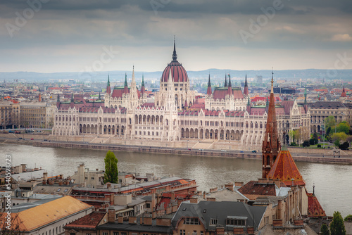 Above Parliament and Danube River at dramatic sky, Budapest, Hungary