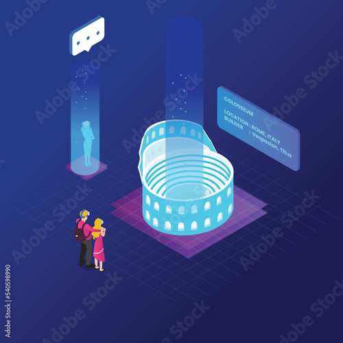 Travel to Rome visiting Colosseum in virtual world isometric 3d vector concept for banner, website, illustration, landing page, flyer, etc.