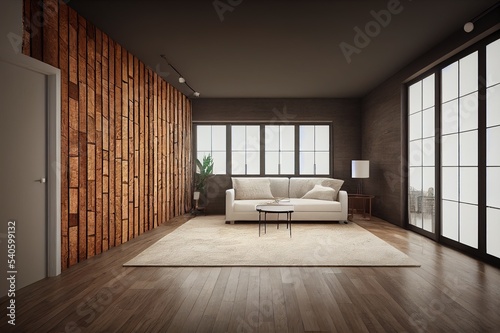 Modern loft interior design mock up room and living room and wooden wall texture background, 3D rendering