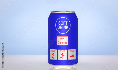 Information labels on soft drink can showing the amount of exercise, walking, running and swimming, needed to work off the calories for soda drink, physical activity calorie equivalent concept