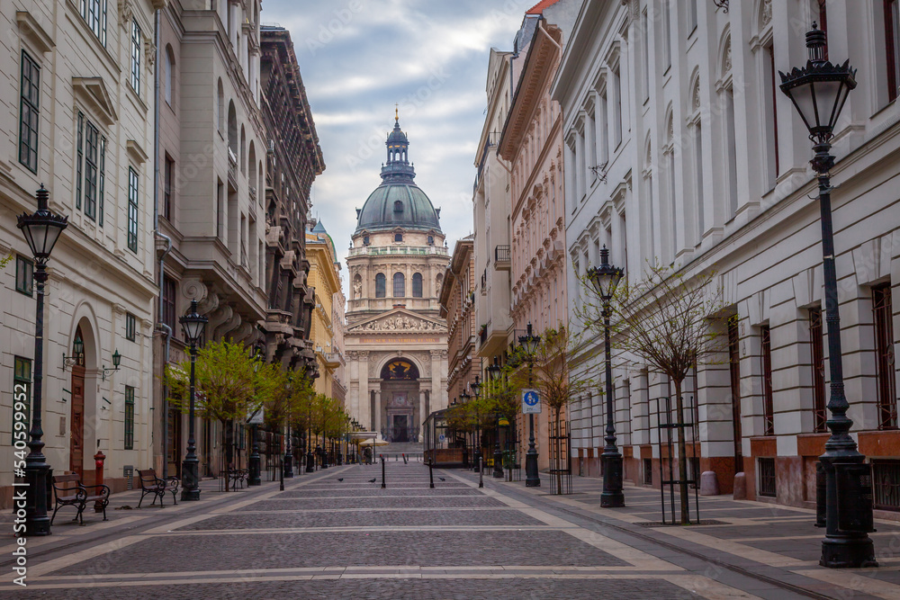 Zrinyi utca street and Saint Stephens Basilica in central Budapest, Hungary