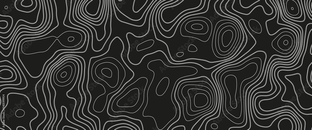 Topographic map. Abstract background with lines and circles. Gray black mountain contour lines. Topographic terrain. Black grey background with space grid Topographic background.