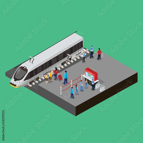 People at bullet train station isometric 3d vector concept for banner, website, illustration, landing page, flyer, etc.