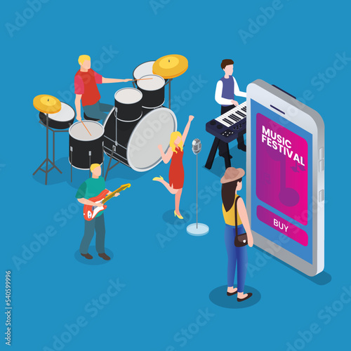 Buying music festival ticket on cellphone online isometric 3d vector concept for banner, website, illustration, landing page, flyer, etc.