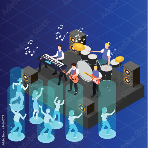 Metaverse concept: watching musical concert in virtual world isometric 3d vector concept for banner, website, illustration, landing page, flyer, etc.