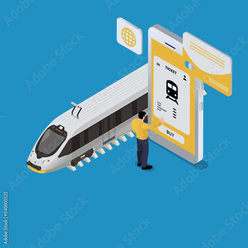 Buying train ticket online on mobile phone application isometric 3d vector concept 