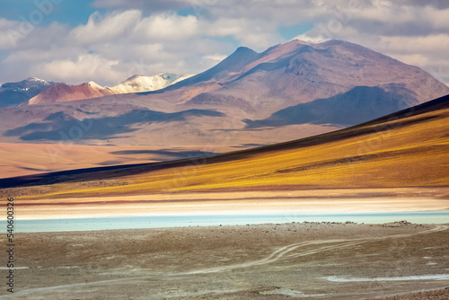Laguna Blanca, white Lagoon at dramatic sky in Altiplano of Bolivia