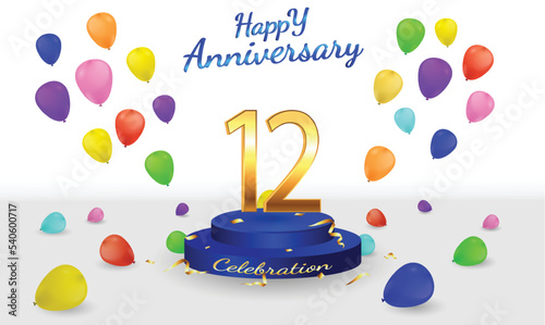 12 aniversary celebration background. 12th anniversary banner. 12 year golden anniversary celebration with podium ribbon and balloon on white background.