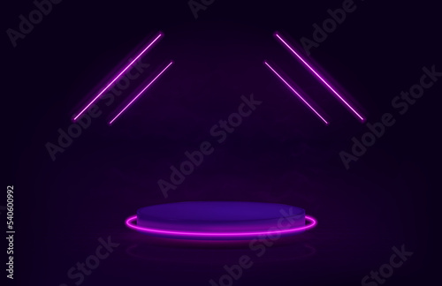 Dark podium background with circle and lines neon. Presentation stage for show product. Hologram, magic teleport, portal concept. Futuristic 3D podium on dark background. Hi-tech background. Vector