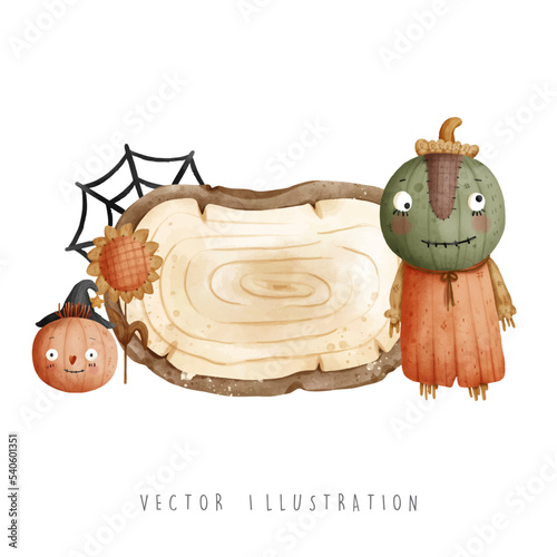 halloween scarecrow with wooden sign, vector illustration