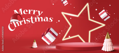 Winter christmas display with gift box and star shape neon