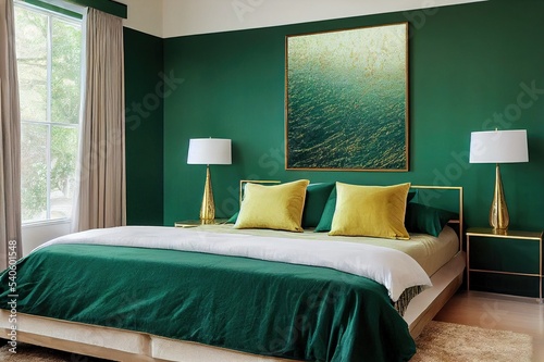 Stylish emerald green and golden poster above comfortable king size bed with headboard and pillows in dark green bedroom photo