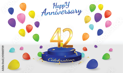 42 aniversary celebration background. 42nd anniversary banner. 42 year golden anniversary celebration with podium ribbon and balloon on white background.