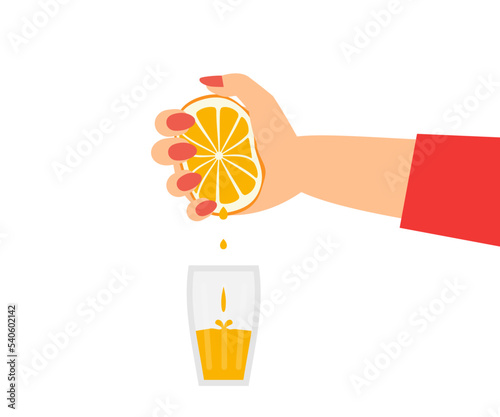woman hand squeeze fresh orange juice into glass vector illustration