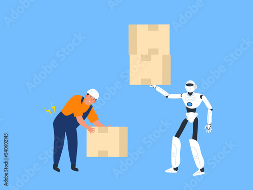 man and robot worker lifting heavy cardboard boxes  vetor illustration